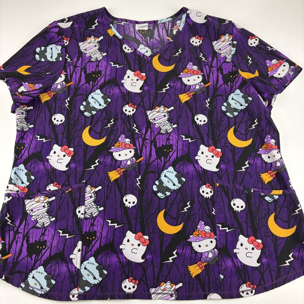Hello Kitty Halloween Scrub Top Womens 2XL Purple Ghost Witch Mummy Sanrio